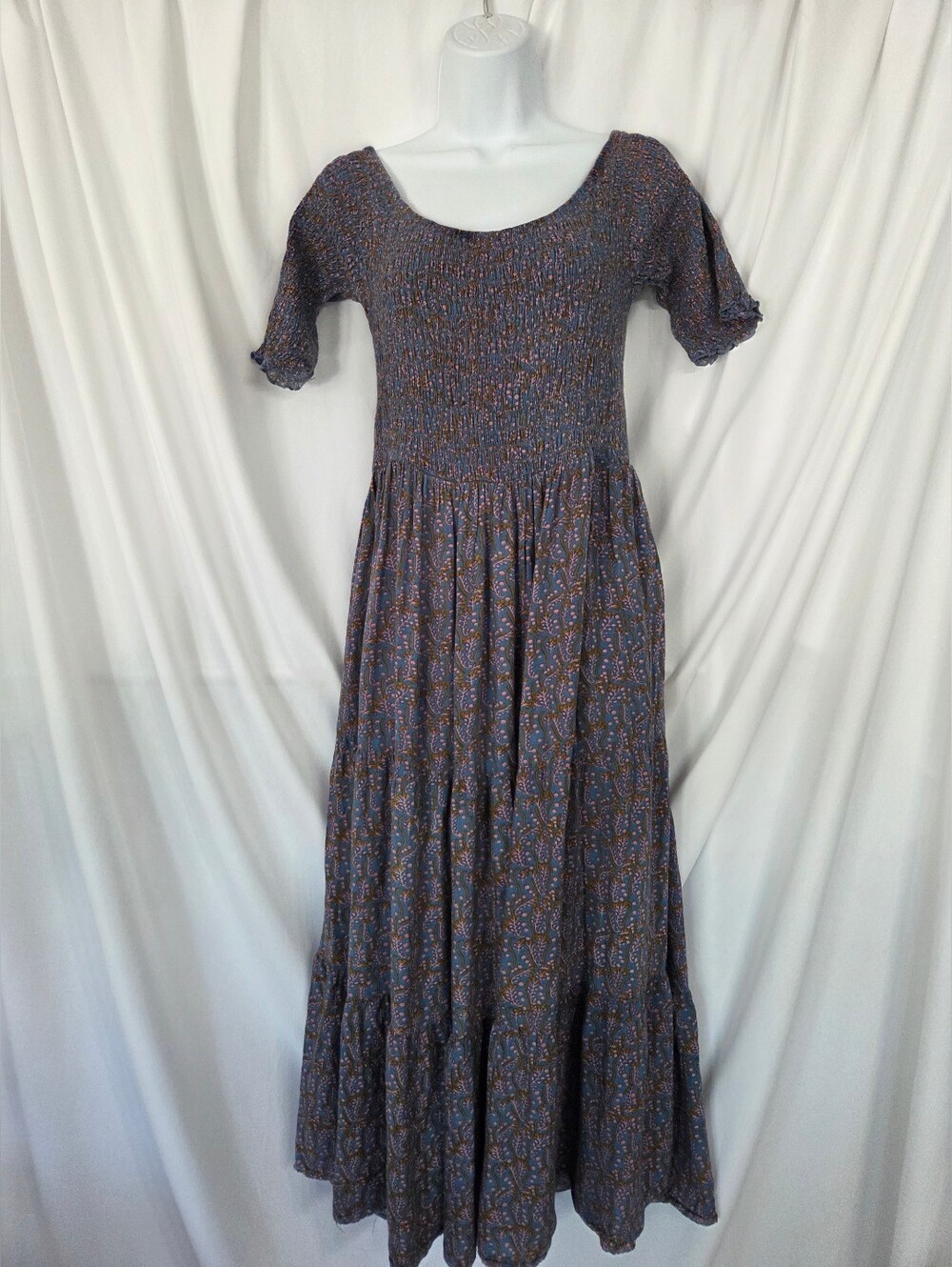 NATURAL LIFE Blue/Pink Print Scoop-Neck Smocked Maxi Dress SizeL/XL